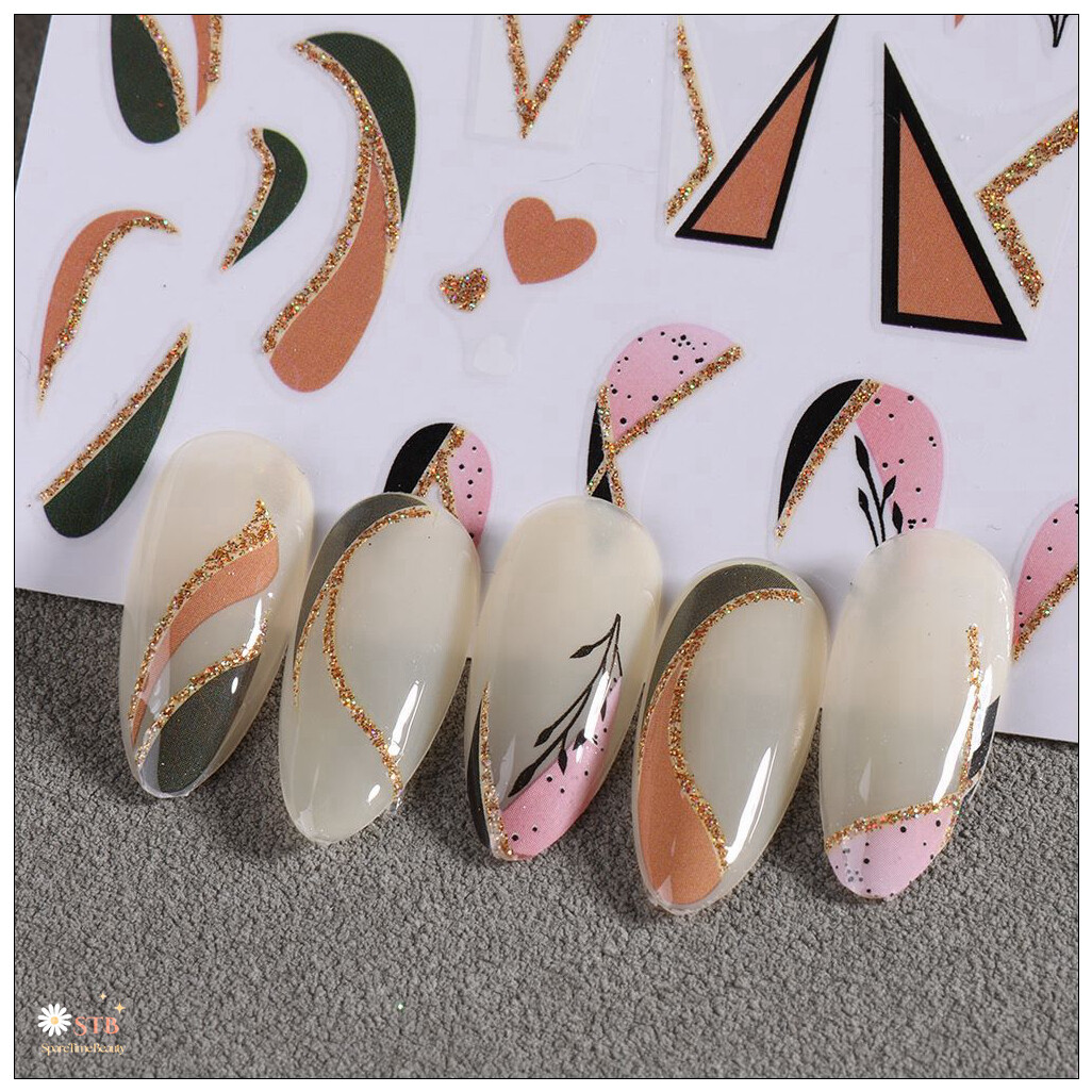 Glitter Gold Black French Tips Nail Stickers Curved Stripes Marble Lines