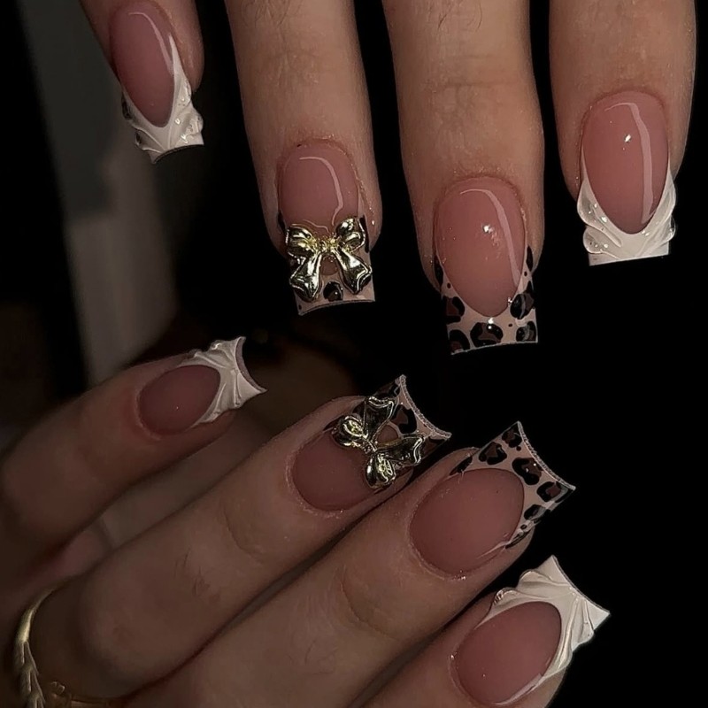 Sweet Edgy 3D Bows Leopard Print French Press On Nail ABS Material For Party