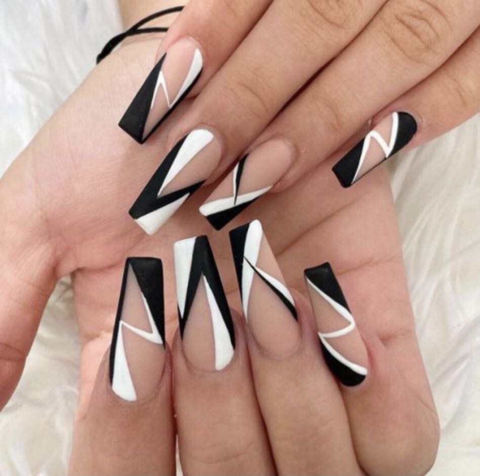 Pink White And Black Abstract Line Press On Nails| Medium Square Press On Nails