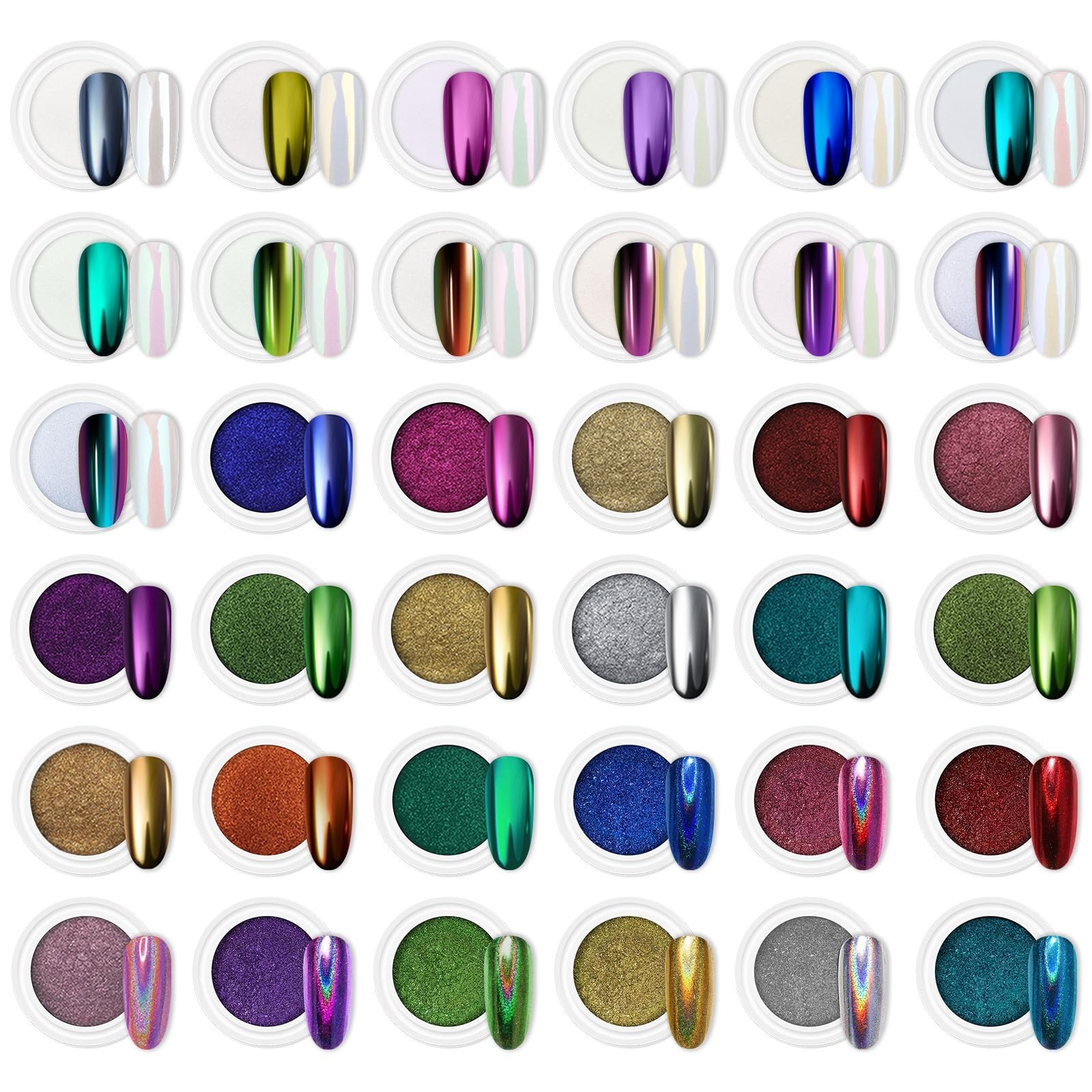 36 Jars Chrome Nail Powder Kit – White Pearl, Mirror Effect, Holographic Dip for