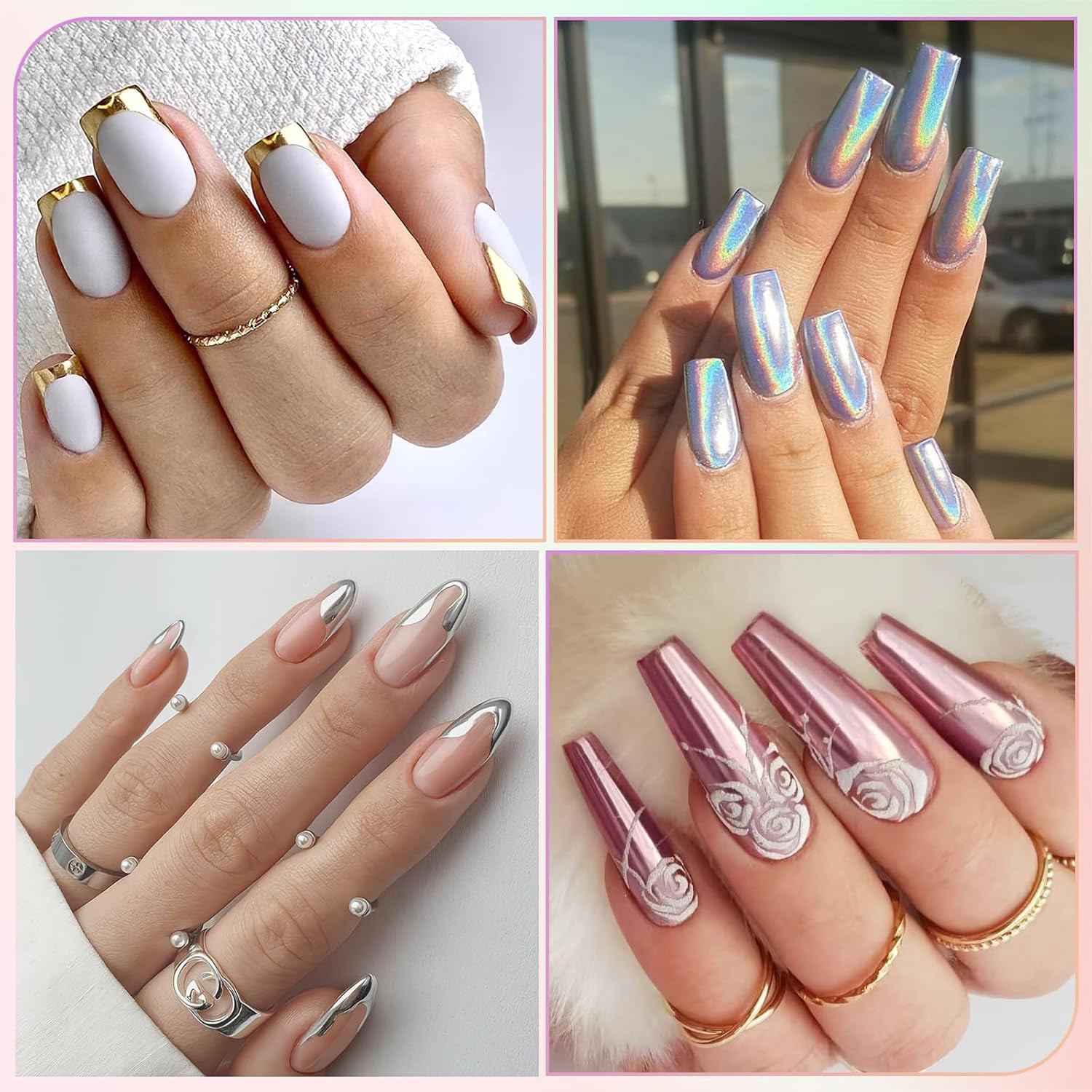 Gold Silver Chrome Nail Powder, 6 Colors Metallic Mirror Effect Pink Light Purp