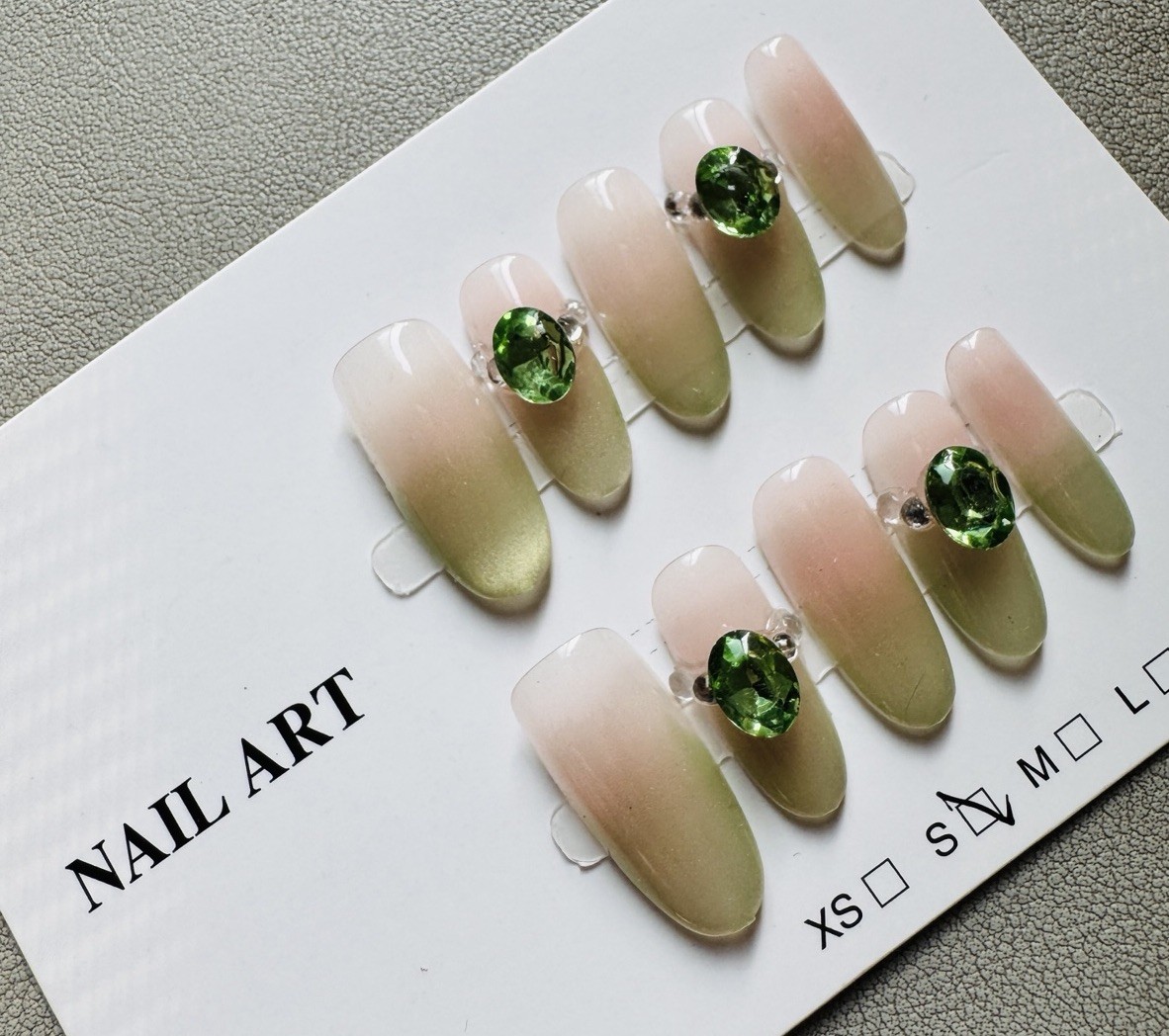 Press-On Nails Almond Medium Green/Nude Ombre Rhinestone Shiny Full Cover