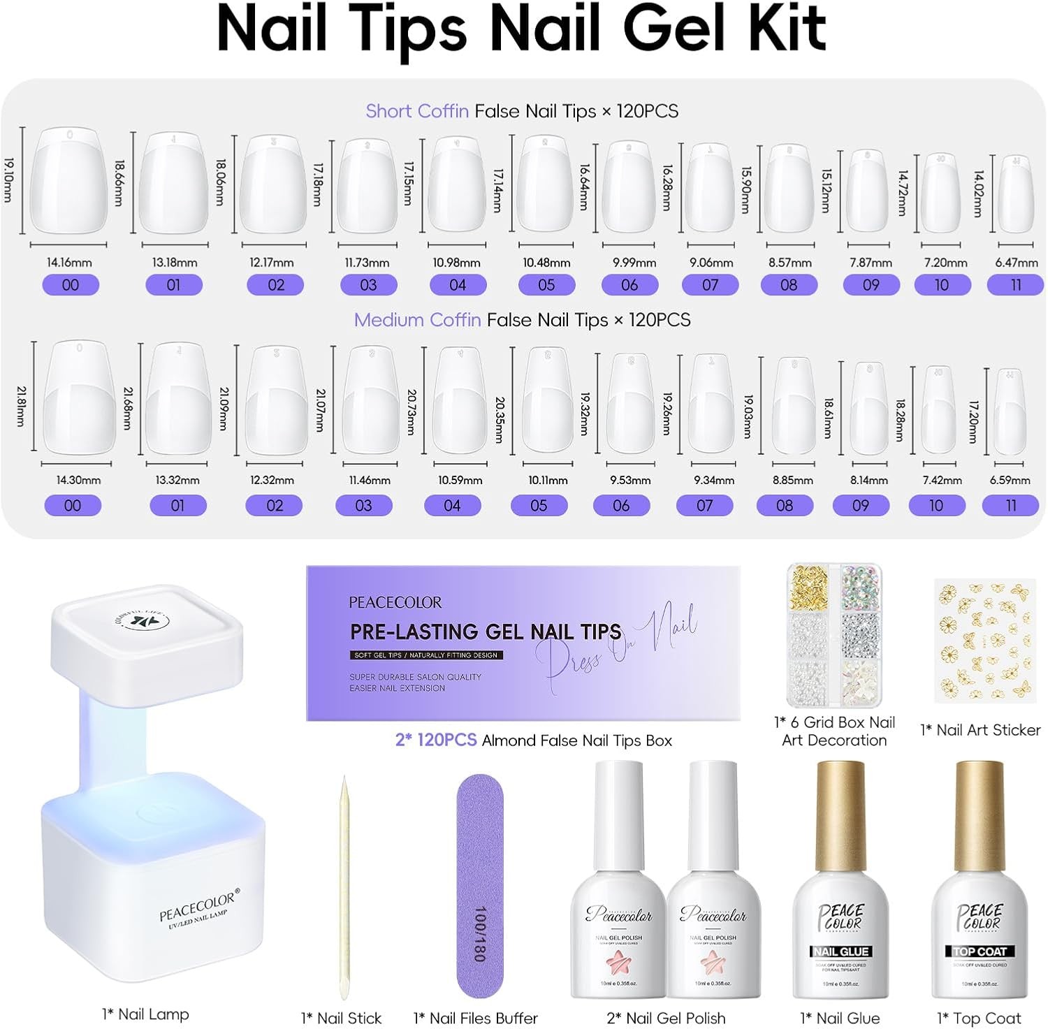 l Nail Kit, Short Medium Coffin Nail Tips with U V Lp 2