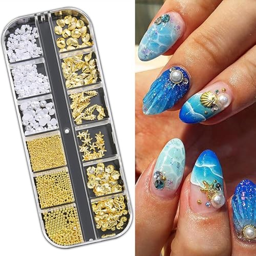 Summer Nail Charms 3D Steel Studs Metal Art Charms Pearls Seashell white