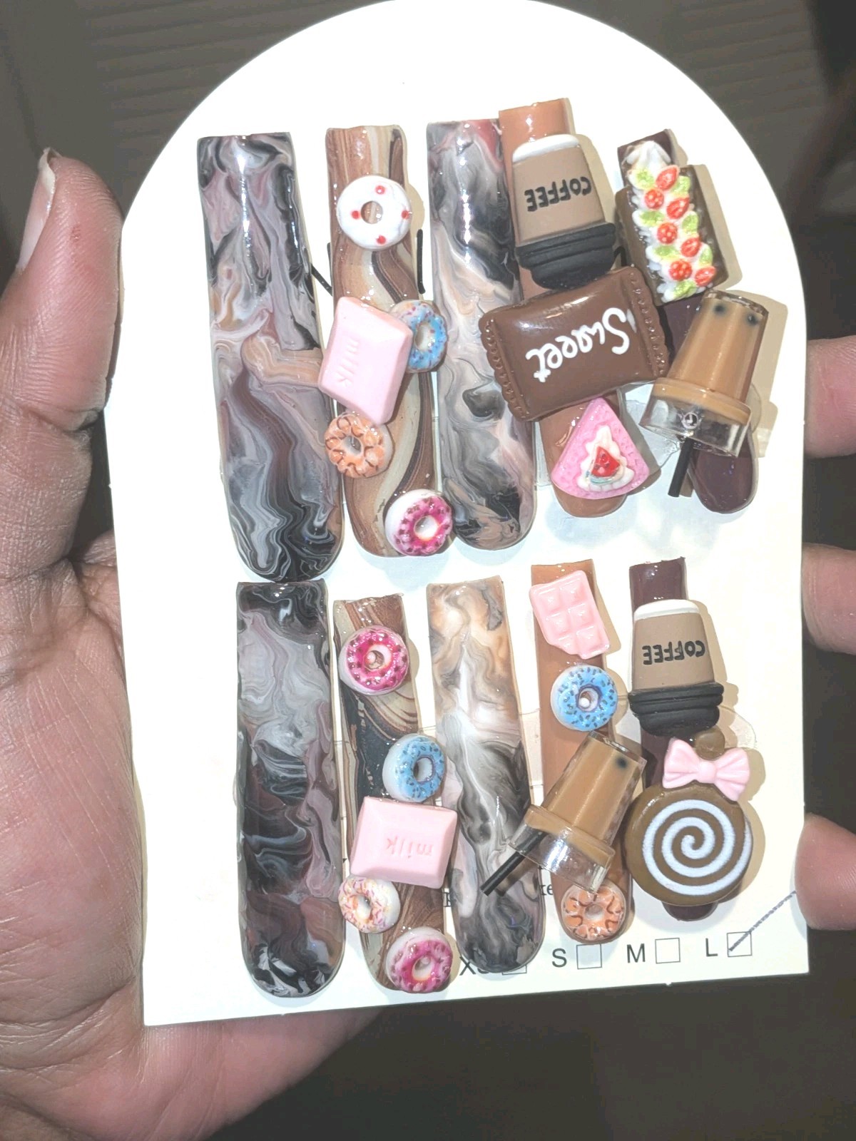 Hand Crafted 3Xl Java Marble Brown & Pink 3D Dessert Press-On Nails Sz Large