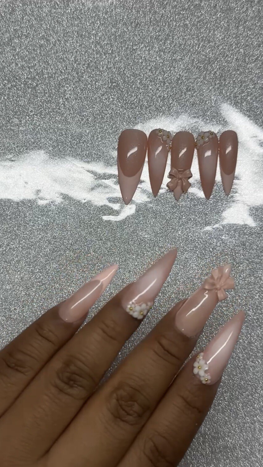 Light Pink Coquette With 3d Flower Charms And now Nude Glitter Press On Nails