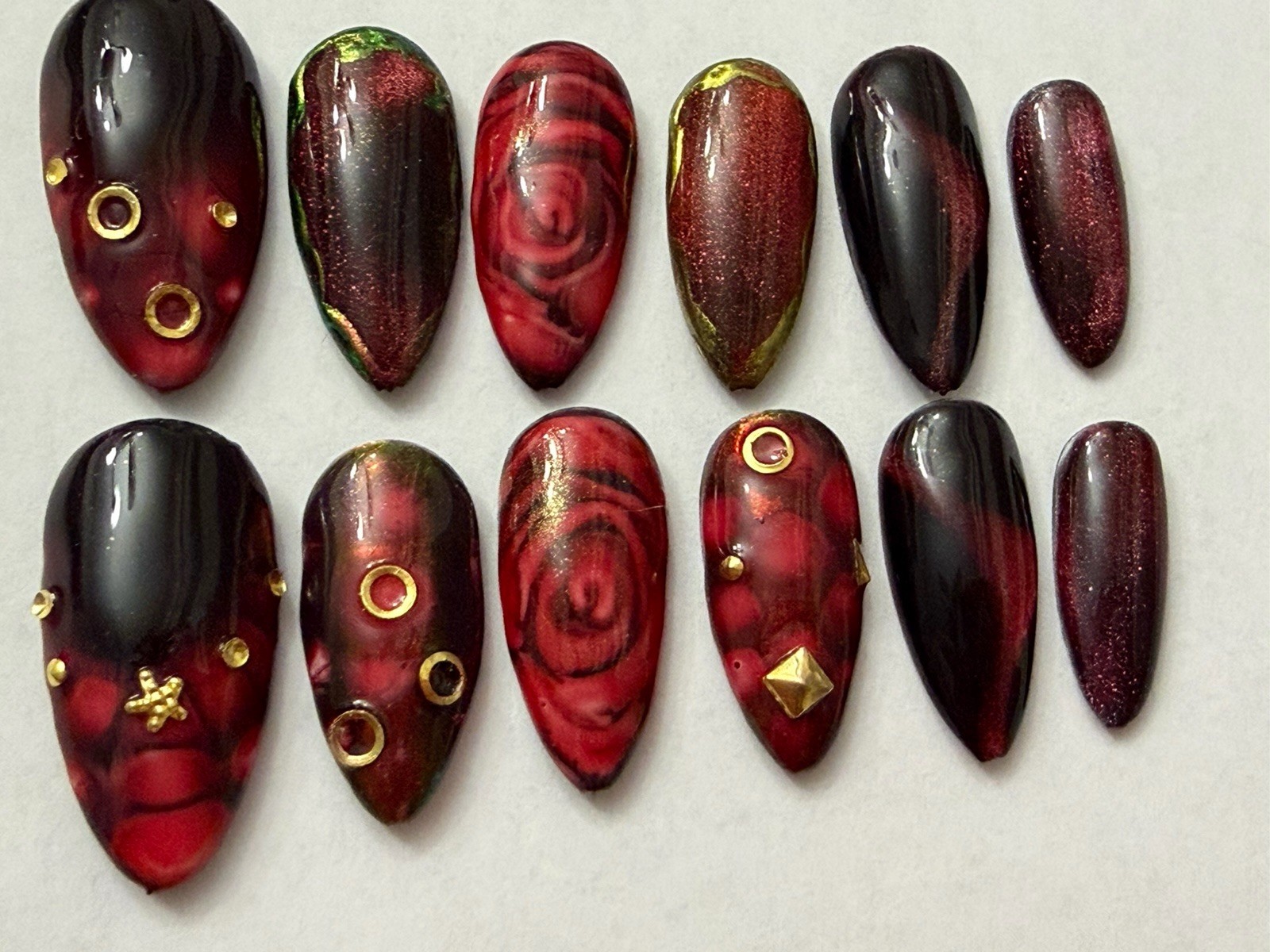 12 Handmade Press On Nails, Money Almond Shape Medium Size Red Sexy 🌹