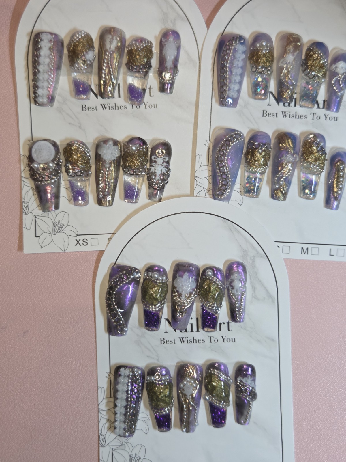 Press On Nails Handmade Medium Coffin Bundle Of 3 Purple blue Aqua water nail