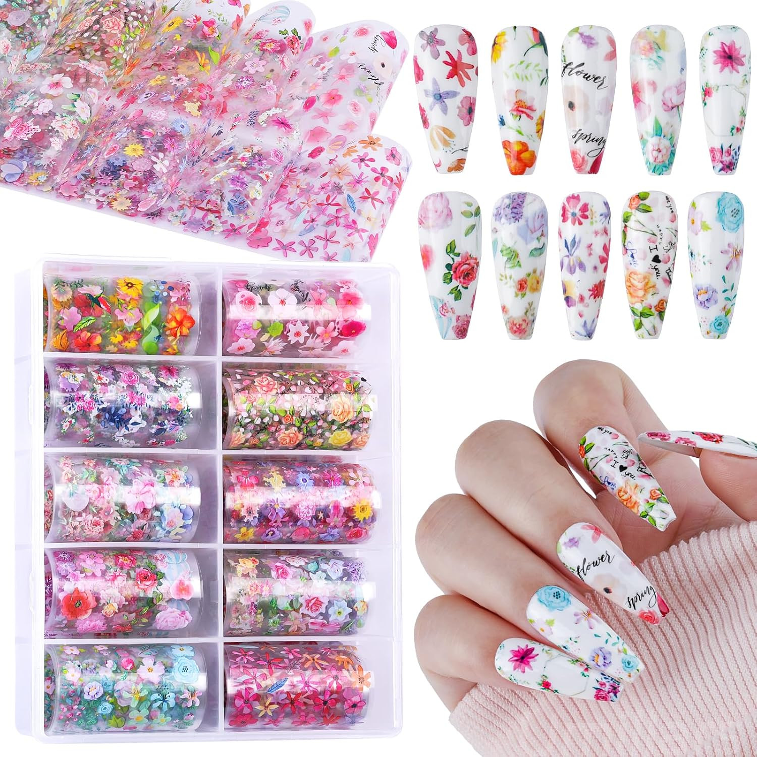 Flower Nail Foil Transfer Stickers, 10 Rolls Holographic Rose Camellia Floral Sp