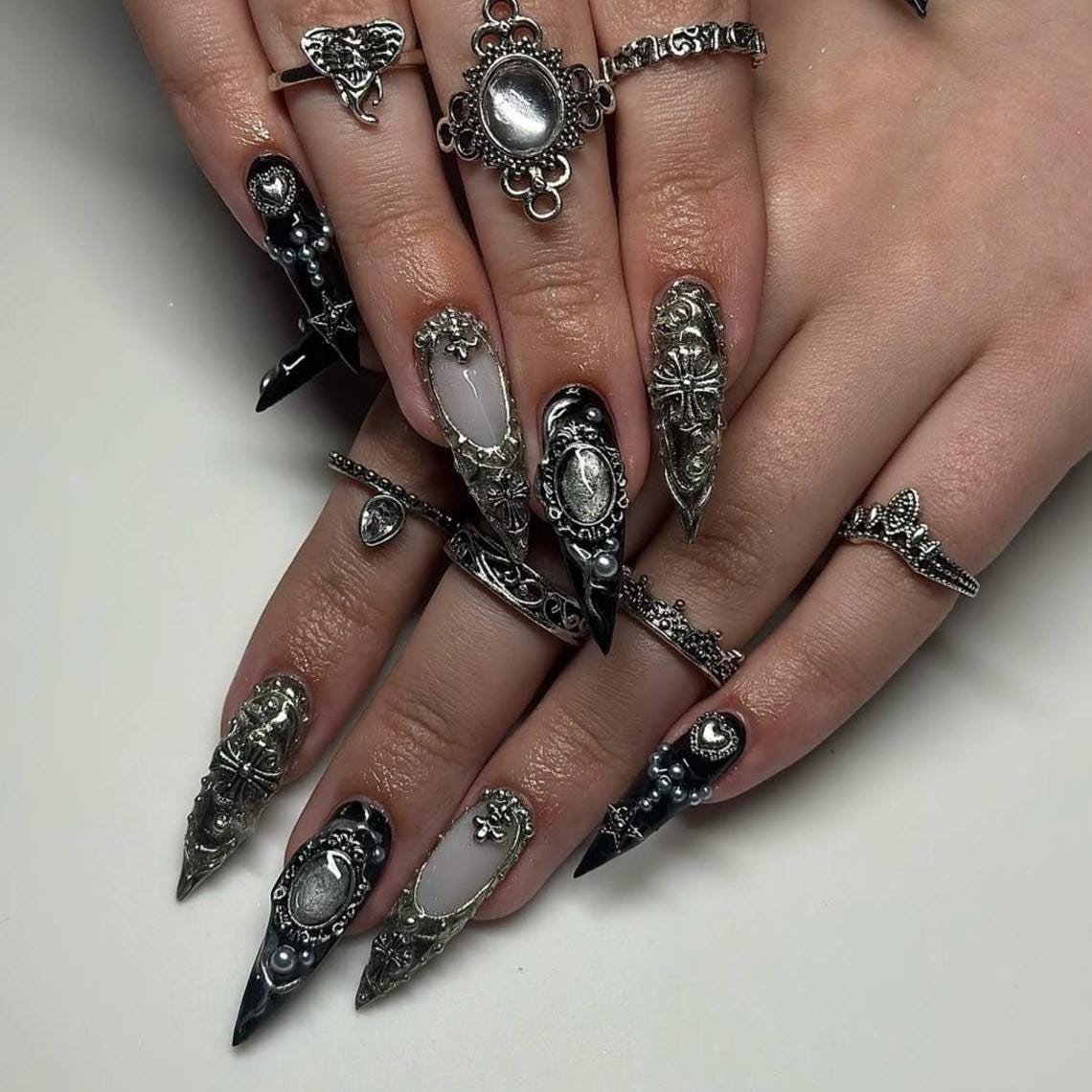 Custom Handmade Gothic Silver Cross Frame Pearl Star Stiletto Press on Nails