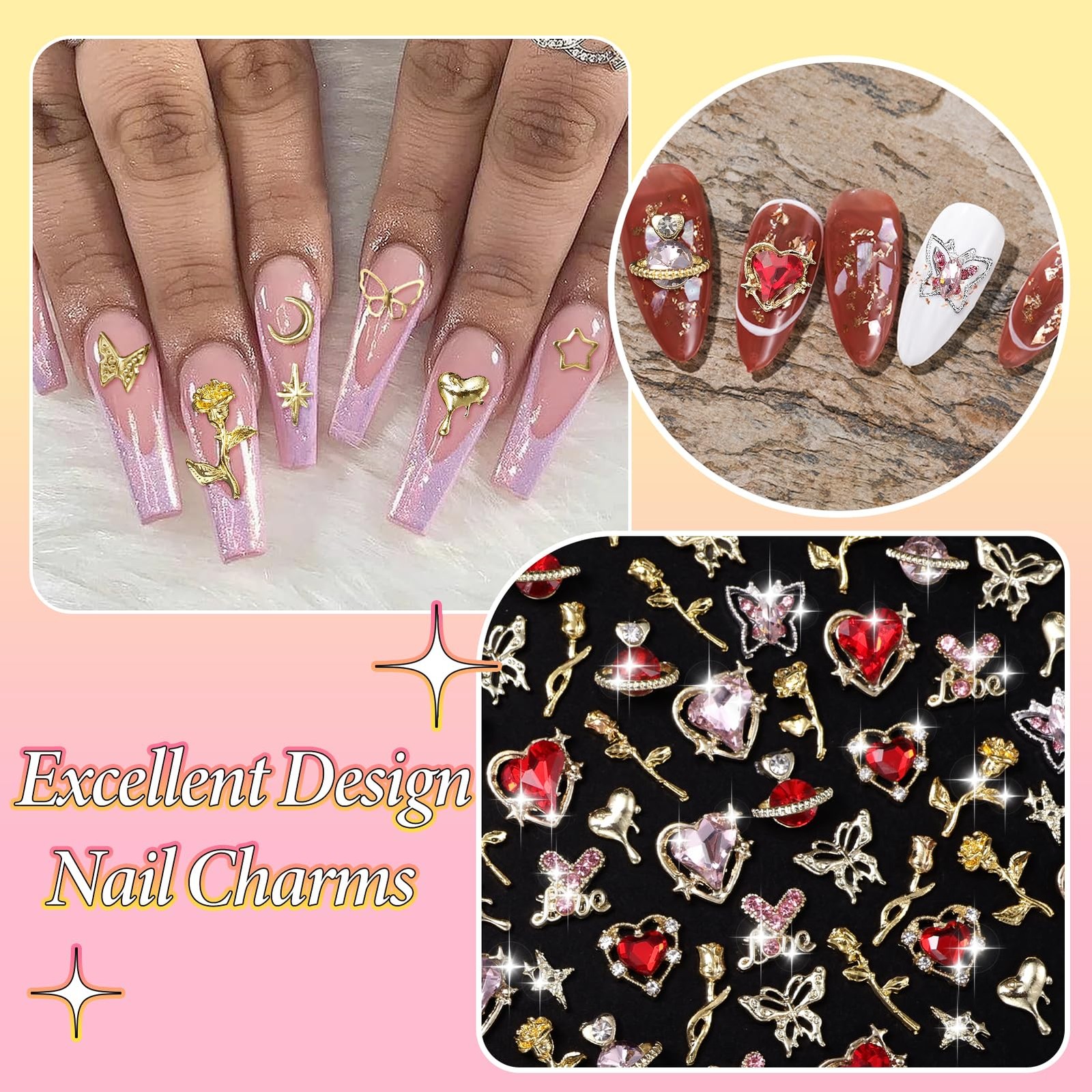Cynailli 320pc S2 Nail Charms Gems Butterfly Heart Alloy