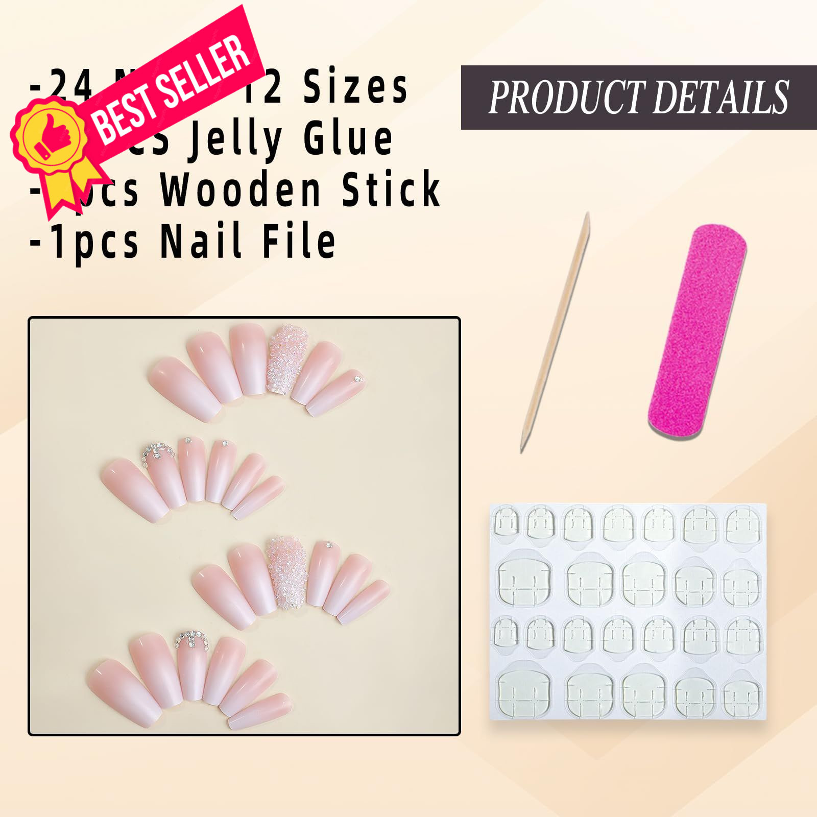 Jremg Pink Press On Nails – Long Square Coffin Fake Nails, Multicolor