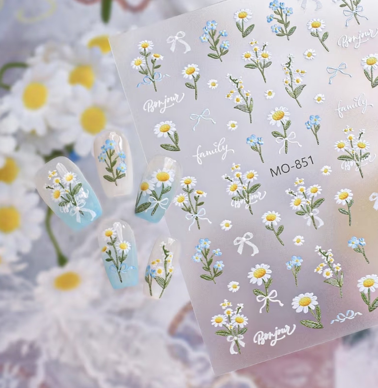 5D Daisy Nail Stickers Forget Me Not Bow White Floral Decals Summer DIY MO-851