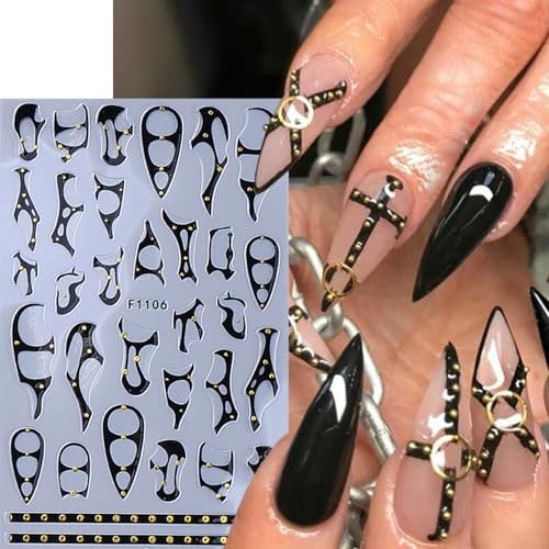 8 Sheets Goth Nail Stickers for Nail Art 3D Punk Style Black Belt Nail Goth-8