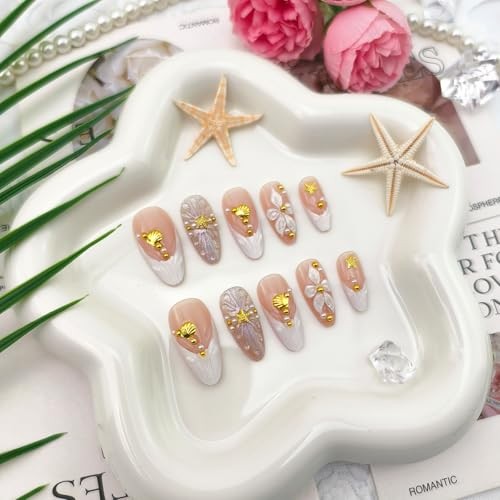 24Pcs White Flower Press on Nails Medium Almond Summer Fake flower nails-6