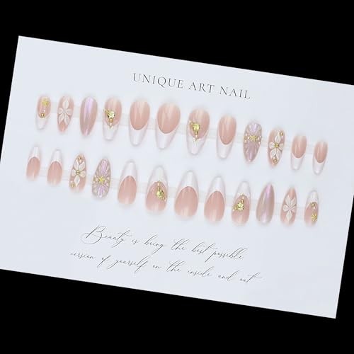 3D Press on Nails Almond Medium Length Embossed Flower Fake Nails with style-23