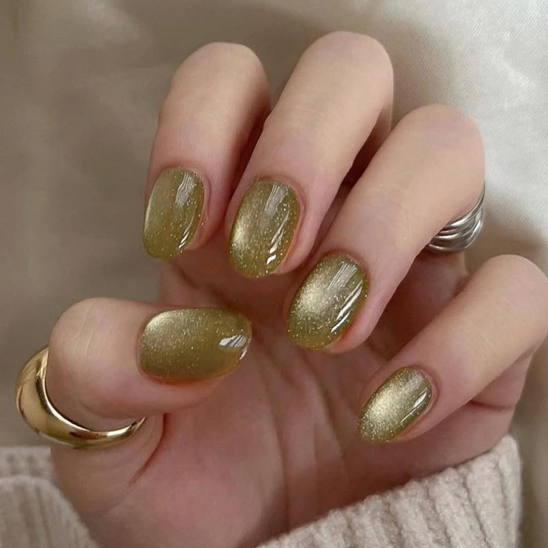 Pink Press on Nails Short Oval Cat Eye Fake Nails with Glitter Designs | Fantasy