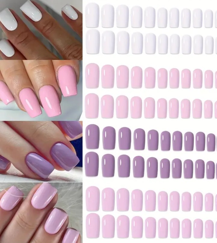 96 PCs Press On Nails Mixed Tones Lavender Pastel & Nude, Reusable Easy To Apply