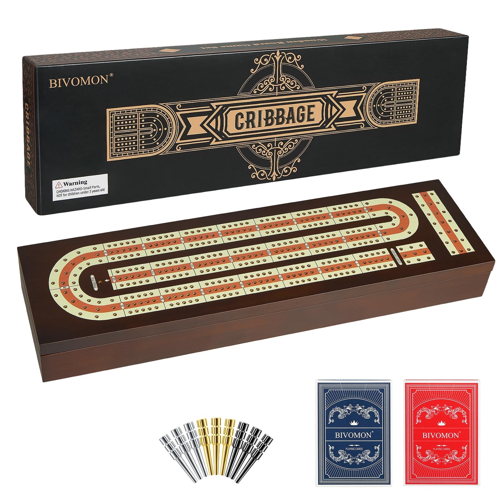BIVOMON Cribbage Board Game Set Continuous 3 15 x 4 x 2 inches, Brown+classic