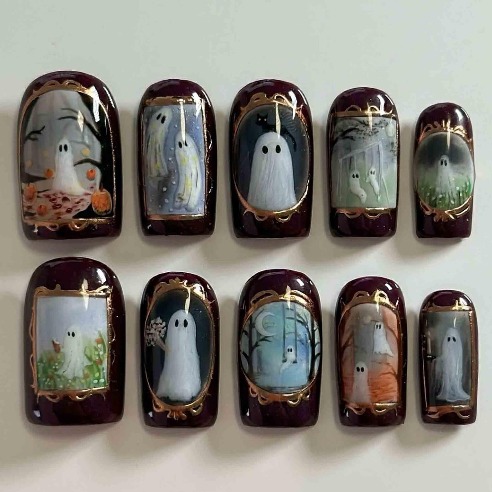 Handmade Halloween Ghost Print Gold Frame Medium Square Press on Nails
