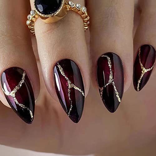 Medium Stiletto Press on Nails Almond Fake Nails Glossy Glue on 00502Black&Red