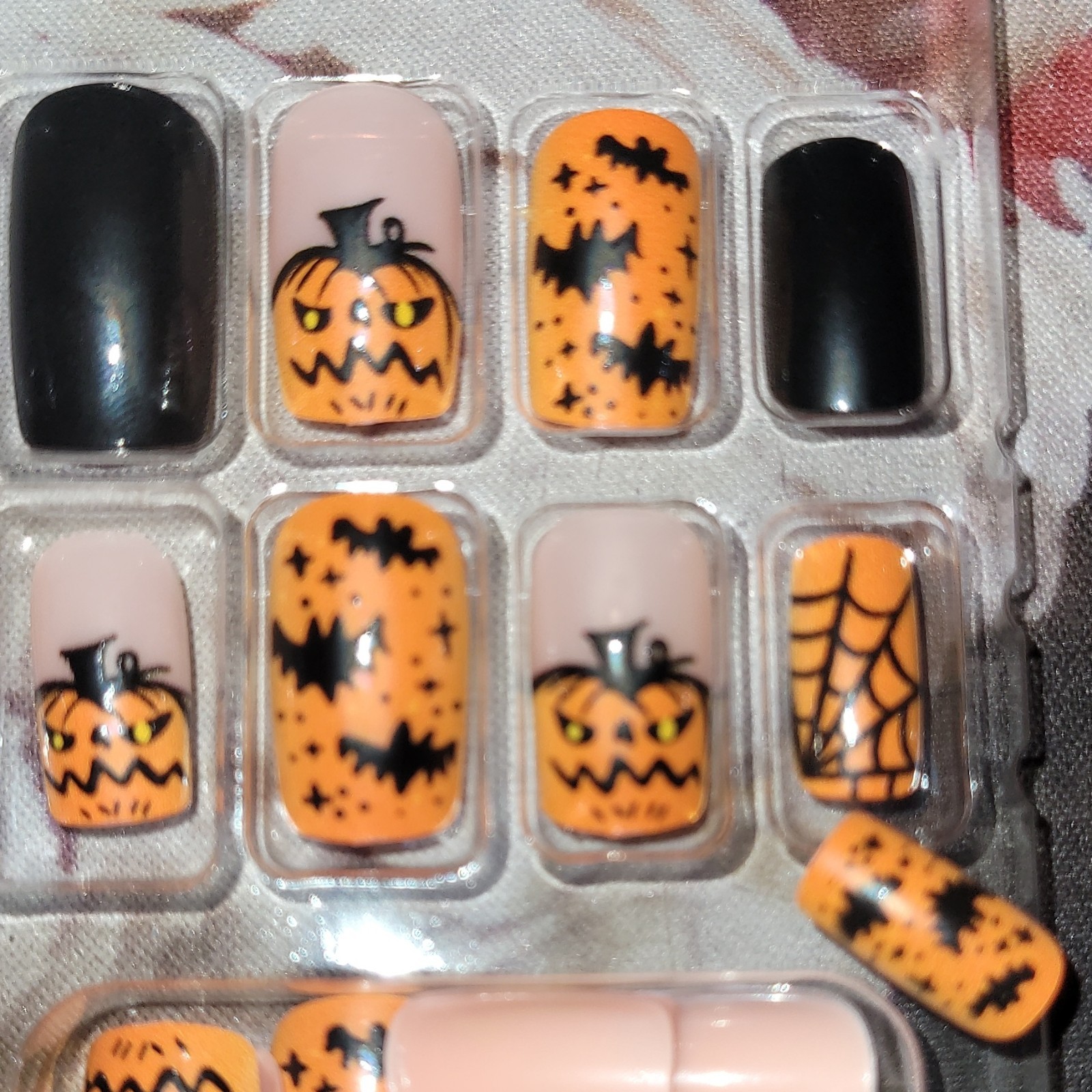 Pre-Designed Press-On Nails Medium Square 3D Halloween Orange Black Nude