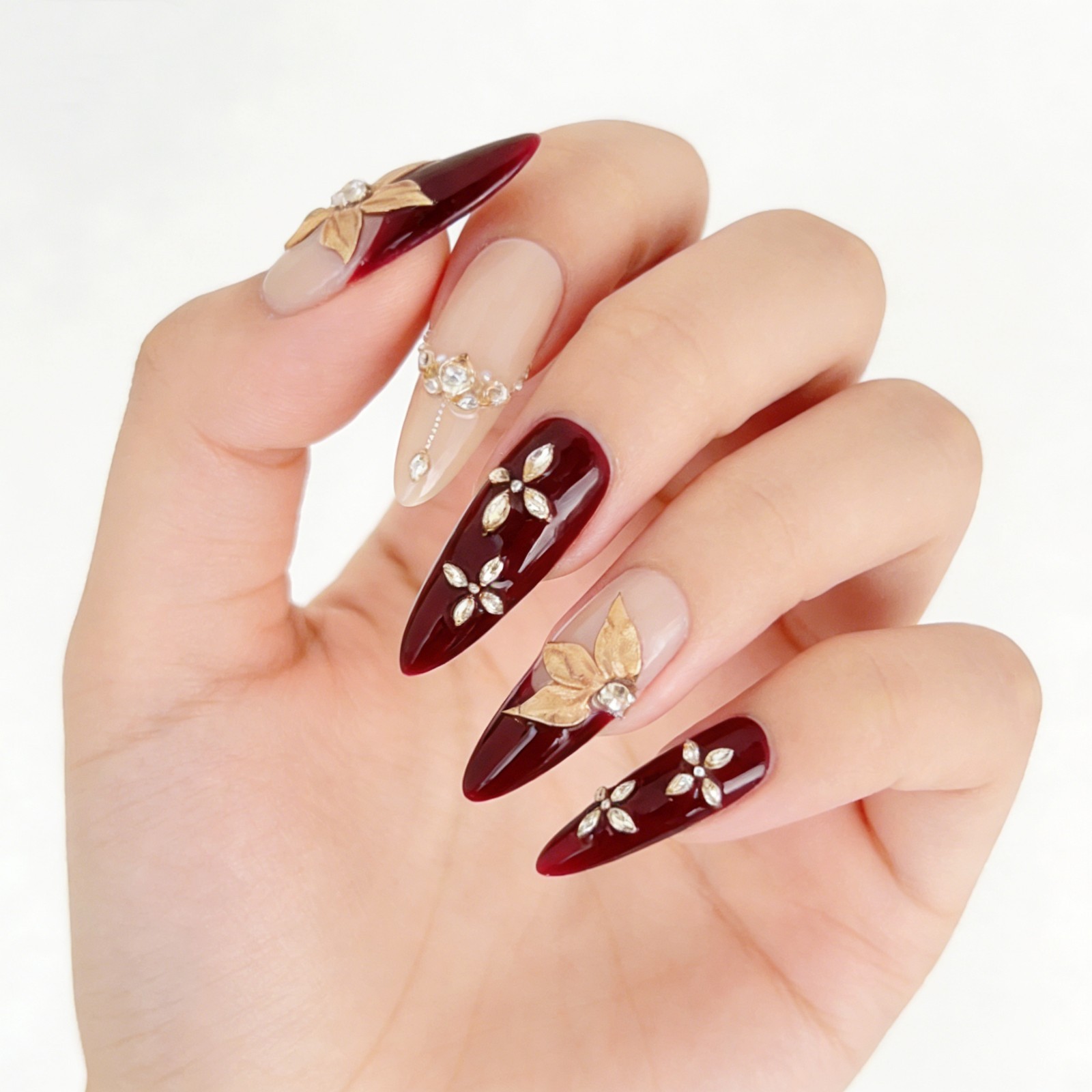 Vintage Gold Maple Leaf Red Press-On Nails with Pearls & Rhinestones Long Almond