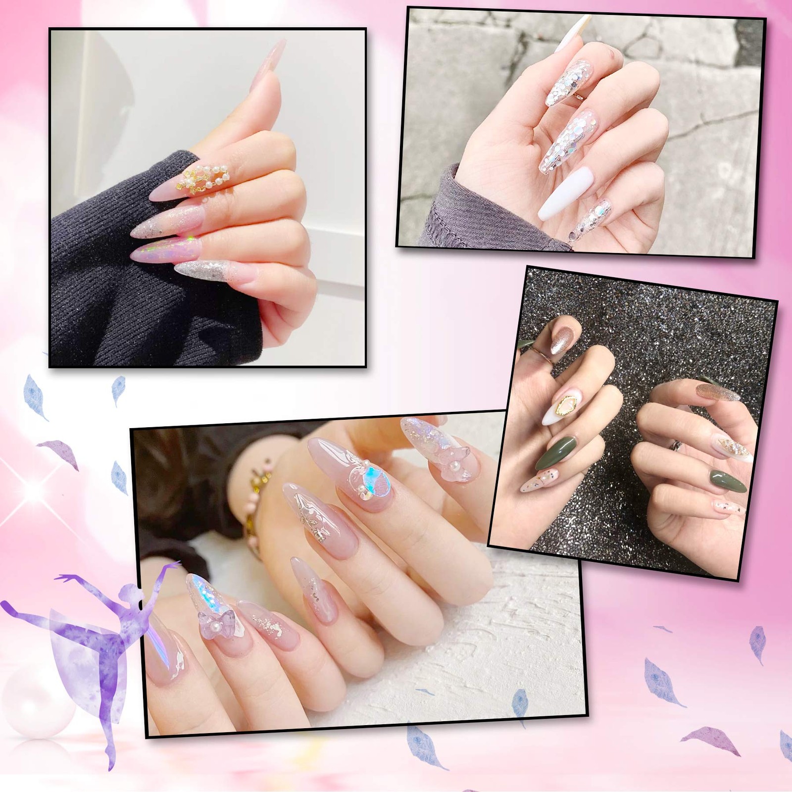 FEBSNOW 1000PCS Long Stiletto Nail Tips, Acrylic Flake Nails with
