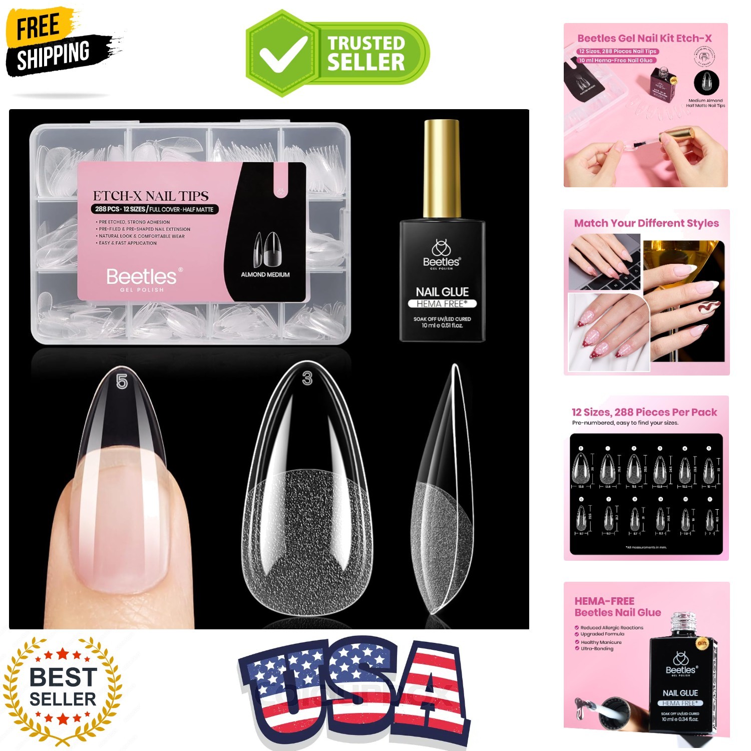 Beetles Gel Nail Kit Etch-X, Almond Medium, 288pcs 12 Sizes Nail tips, with 1…