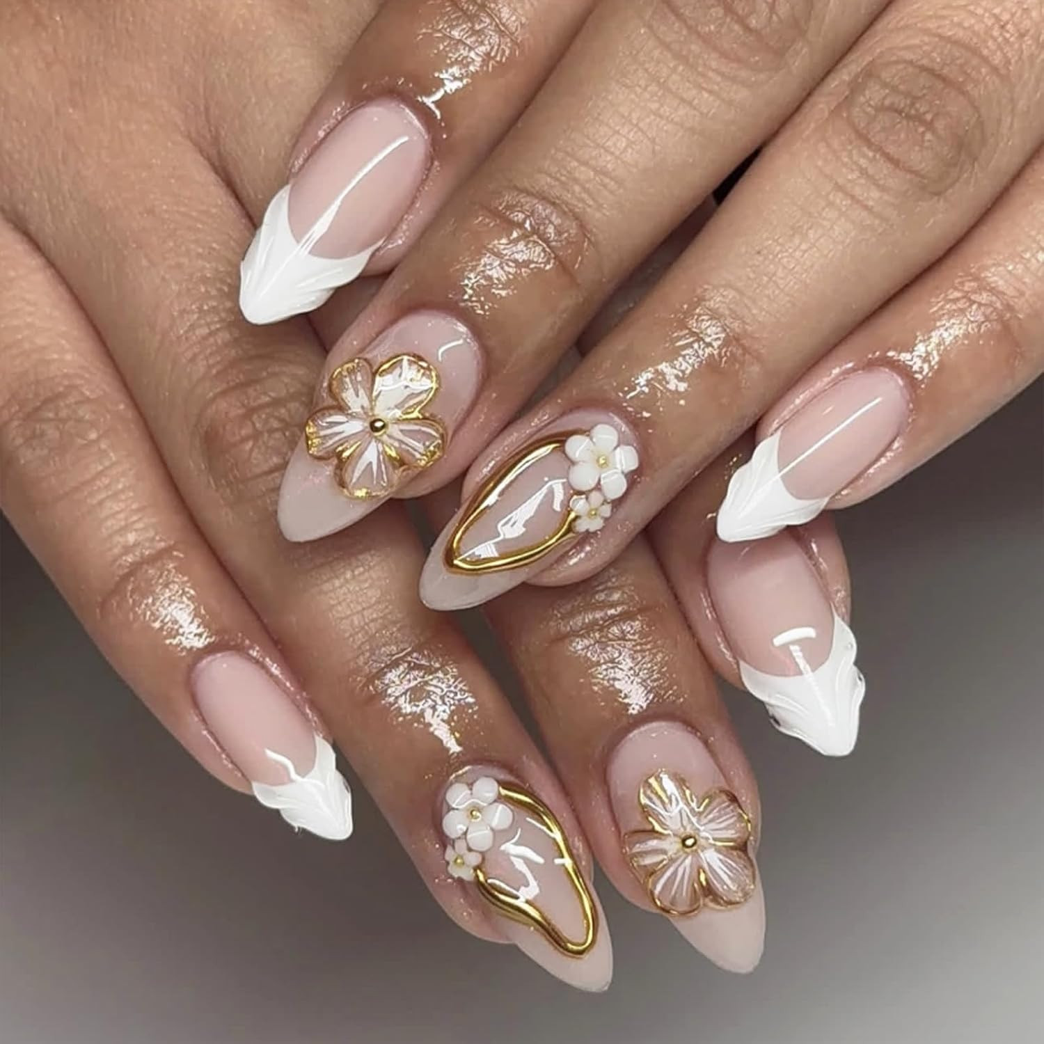 Medium Almond Press on Nails Pink Fake Flowers False Embossed Artificial Stick o