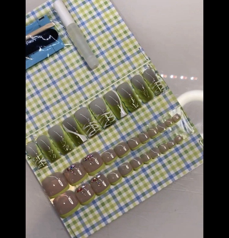 Green Beige French Square Press-On Nails with matching toes full cover