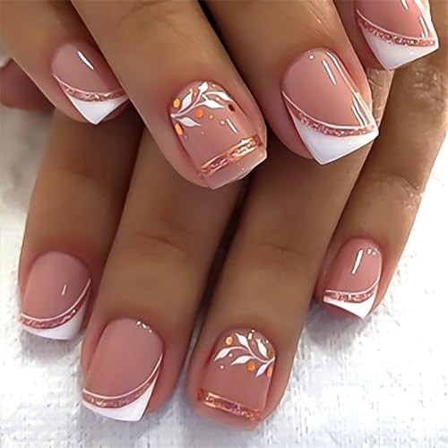 French Press On Nails Short Square, Nude Fake Nails with White French Tip and Mi