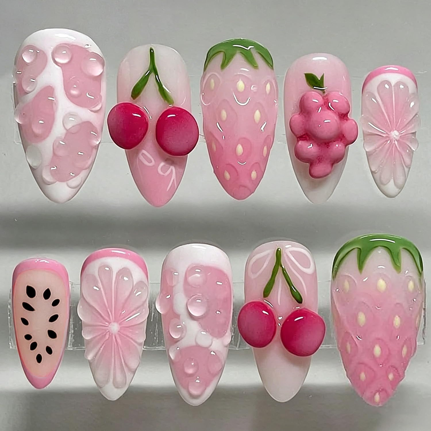Nude Pink Summer Beach Press on Nails, Short Oval Fake Nails with 3D Cherry Star