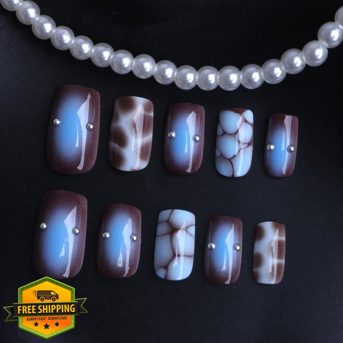 plalely Blue Turtle Print Square Press on Nails 24pcs