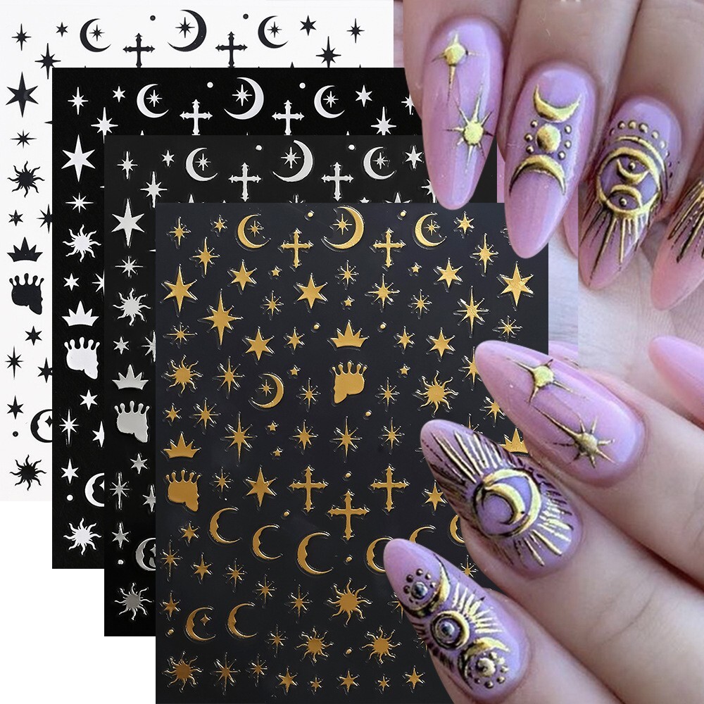 4Pcs Silver/Gold/White/Black Moon Star Heart Self-Adhesive Nail Art Decals NH29