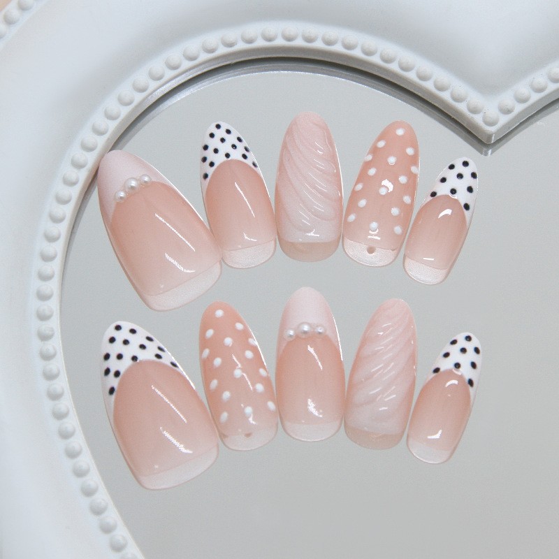 60 Pcs Polka Dot Shell Almond Press on Nails, Elegant Trendy Daily Fake Nails
