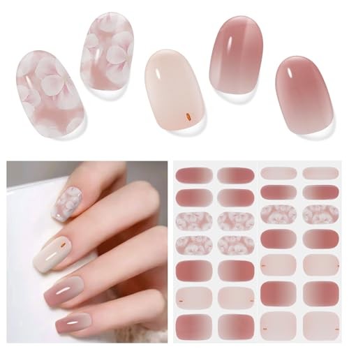 28 pcs Semi Cured Gel Nails Strips – Work with Any Pink Flower