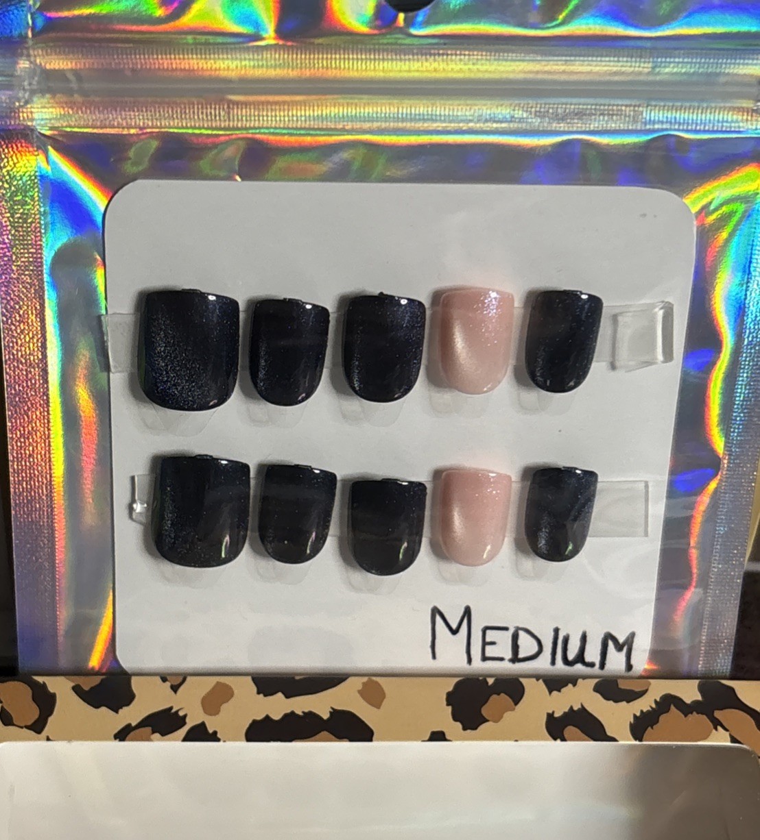 Press On Nails Short Square Glitter Cateye Sz Medium Pink&Blue Cateye