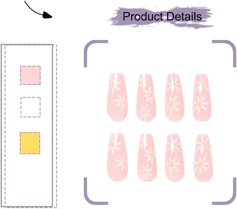 Gloss & Go 24 Reusable Artificial Fake Nail Set| Pink White Yellow Flower Design