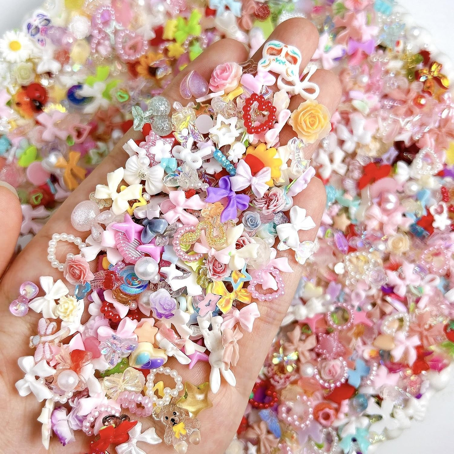 200Pcs Pink Red Nail Charms Kit 3D Flower Bow Heart Flatback Pearls Mixed Shape