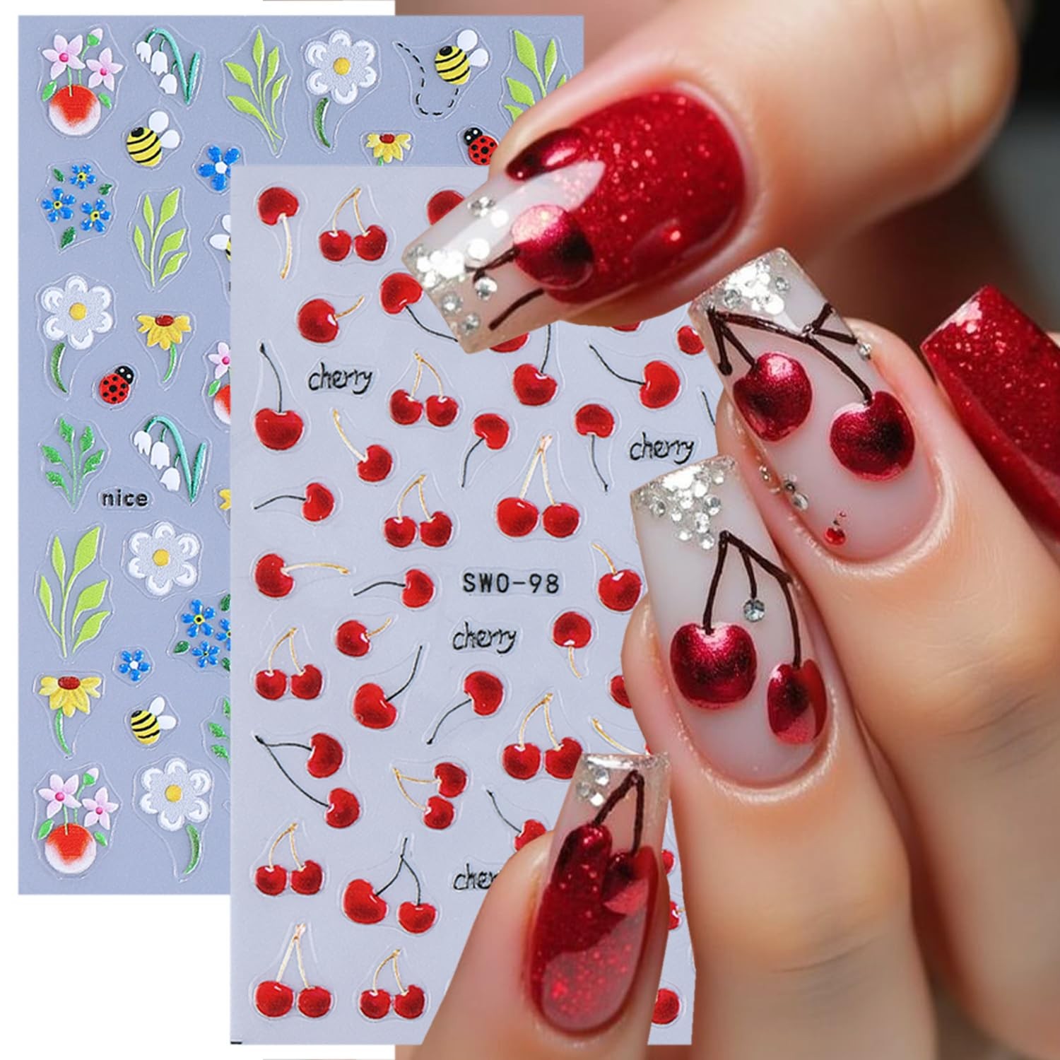 2 Sheets Embossed Fruit Nail Stickers for Nail Art Self-Adhesive Cherry 5D Na…