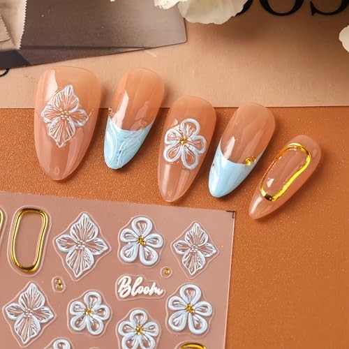 3 Sheets Summer Flowers Nail Stickers 5D Embossed Self Adhesive Blue Style01