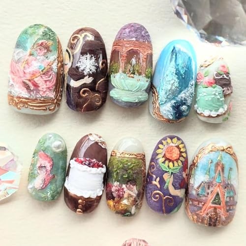 24 Pcs Almond Press on Nails Short Oval Nails Press Ons Retro Almond Styl 38
