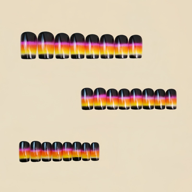 48Pcs-Medium Square Black Rainbow Gradient Cat Eye Glitter Press on Nails Set