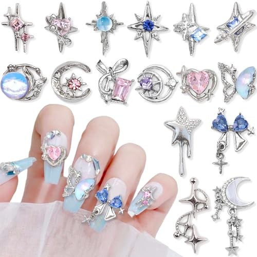 16 Styles Luxury Moon Star Nail Charms for Acrylic Nails Alloy Rhinestone Star