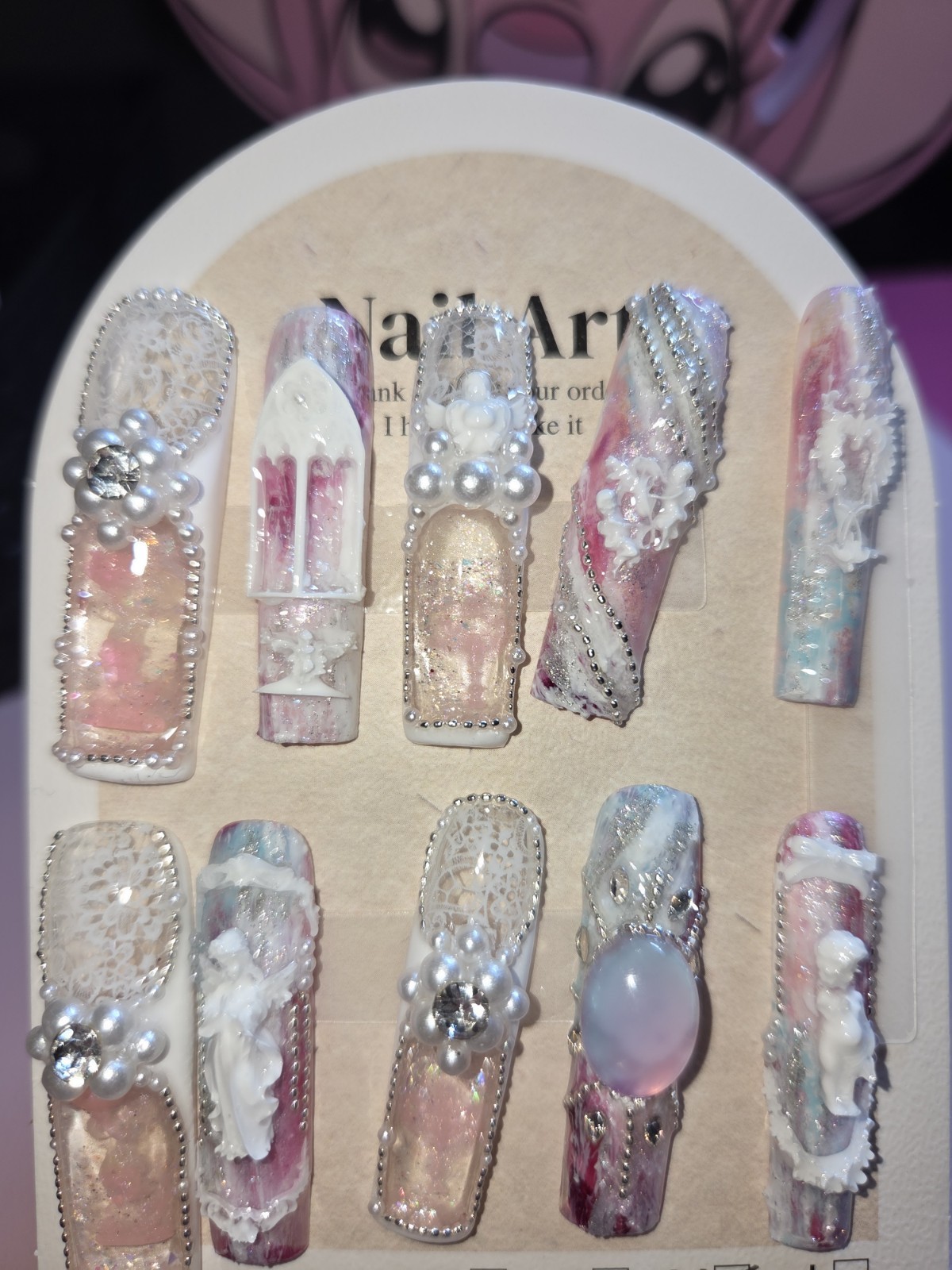 Press-On Nails Handmade Medium Pink purple, white lace angel, flower water Nail