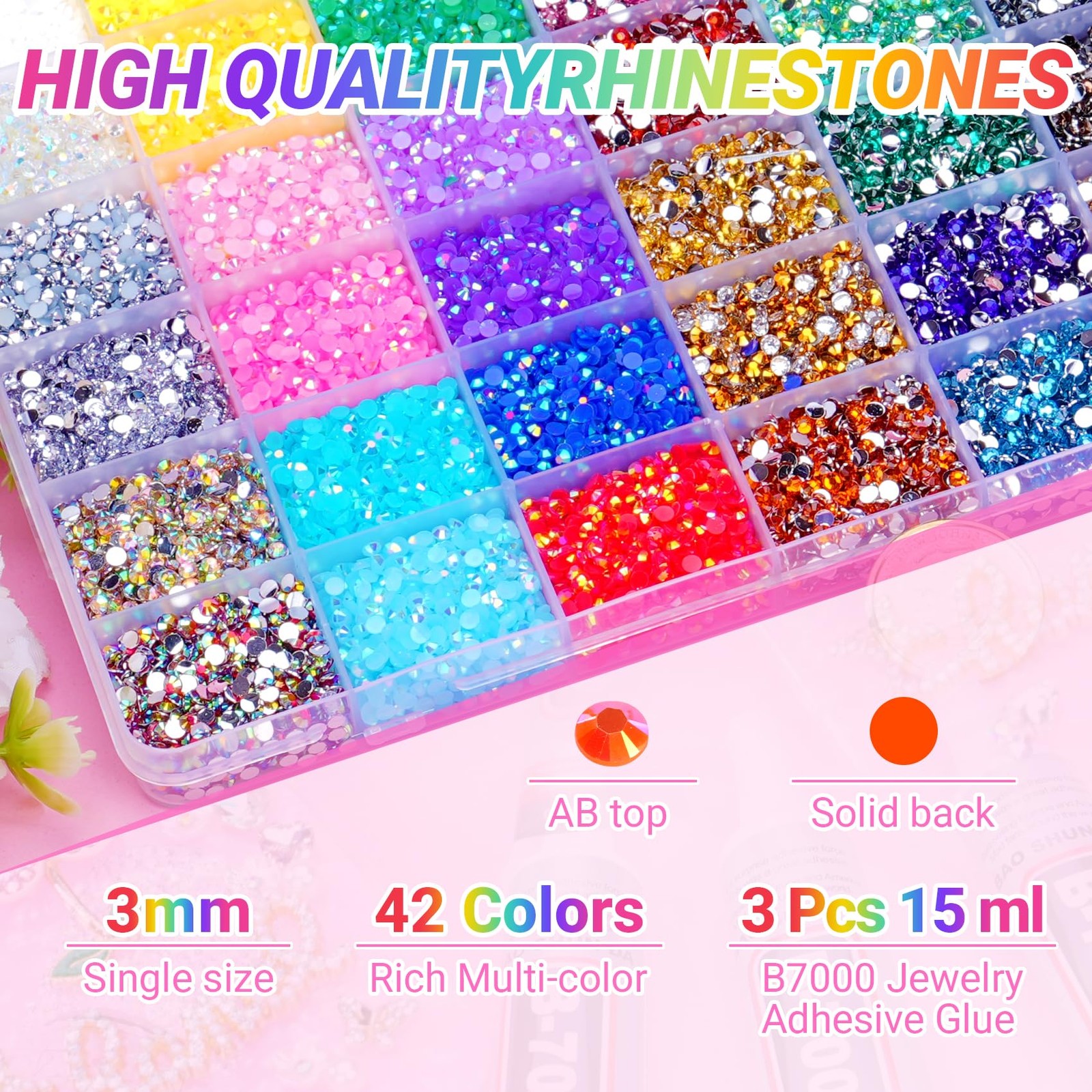 Atifober 46000Pcs 42 Colors Resin Jelly Rhinestones for Bedazzling, 3mm Multi…