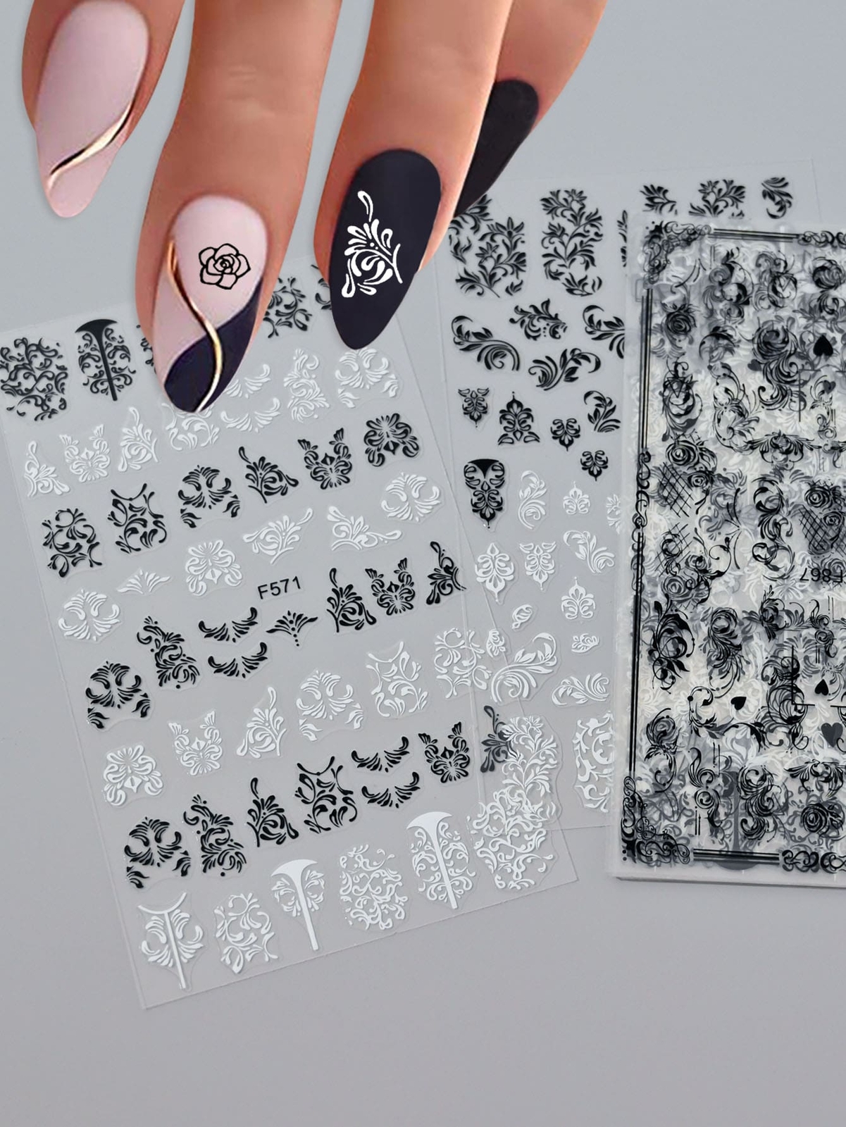 6Sheets Lace Flowers Nail Stickers Nail Decals White Black Lace Floral Nail