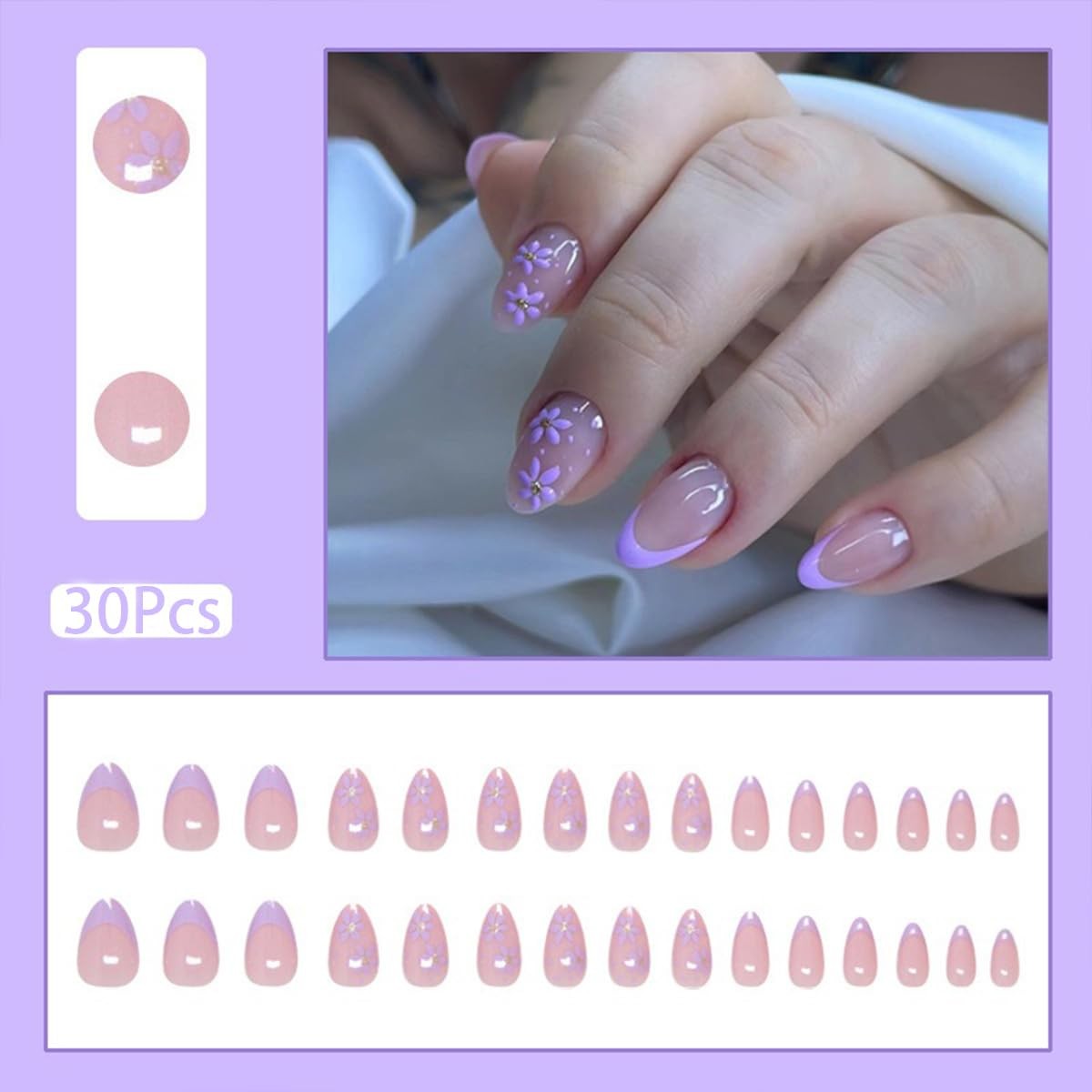 30Pcs Short Almond Press On Nails – Purple Flower French Tip short, A15