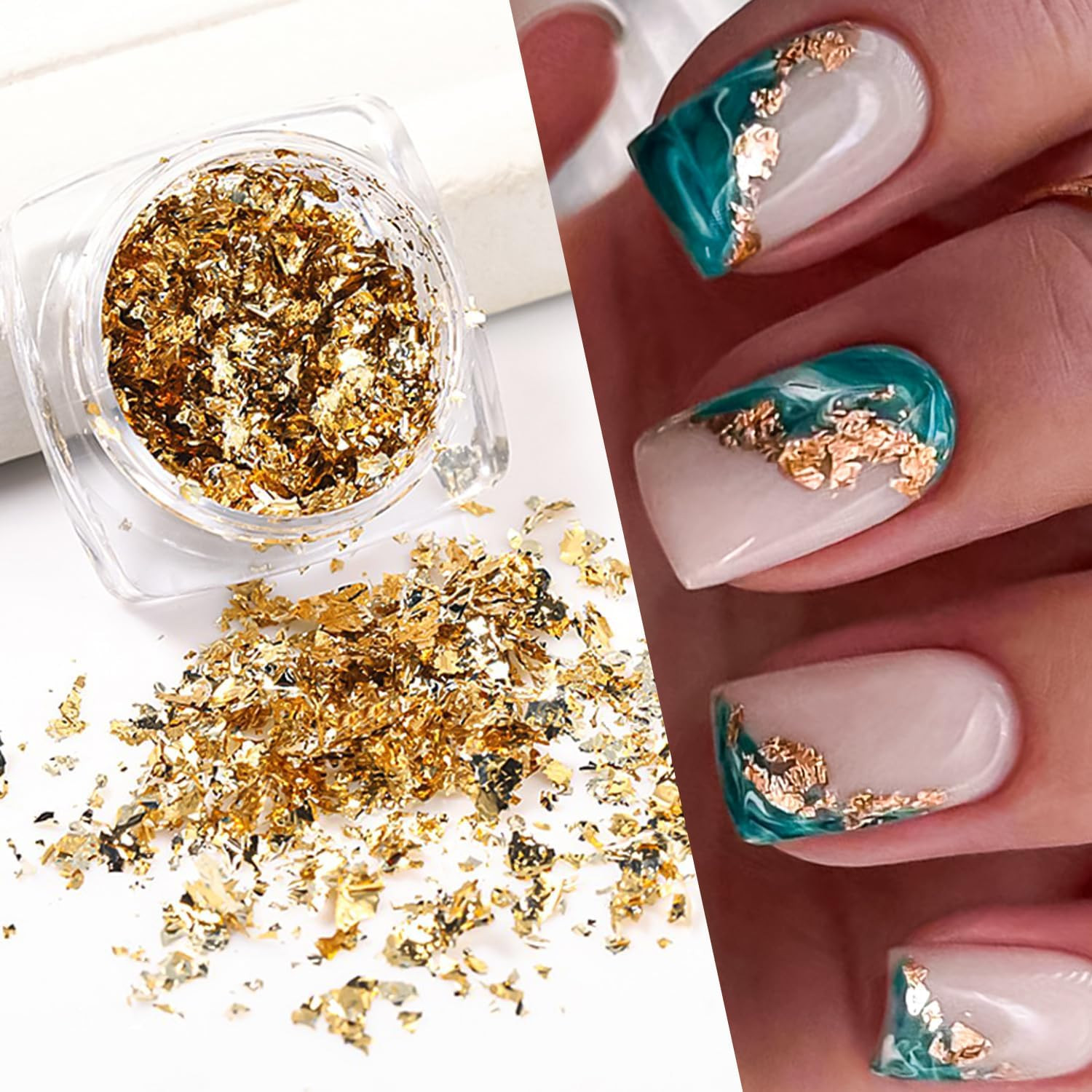 2 Bottles Gold Foil for Nails – Golden Glitter Design, Foil Fragments and Irregu
